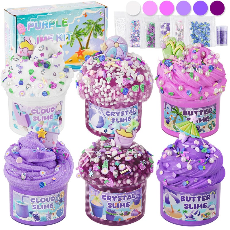 LAWOHO 6 Packs Gradient Purple Slime Kit Cloud Butter Clear Slimes Crunchy Slimes Kits for Kids with Beach Charms Addins Party Favors for Girls Boys 360ml Soft Non Stick Slime Making Kit - Image 3