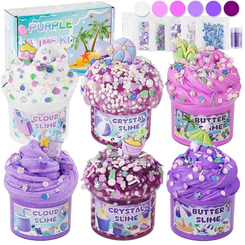 LAWOHO 6 Packs Gradient Purple Slime Kit Cloud Butter Clear Slimes Crunchy Slimes Kits for Kids with Beach Charms Addins Party Favors for Girls Boys 360ml Soft Non Stick Slime Making Kit - Image 1