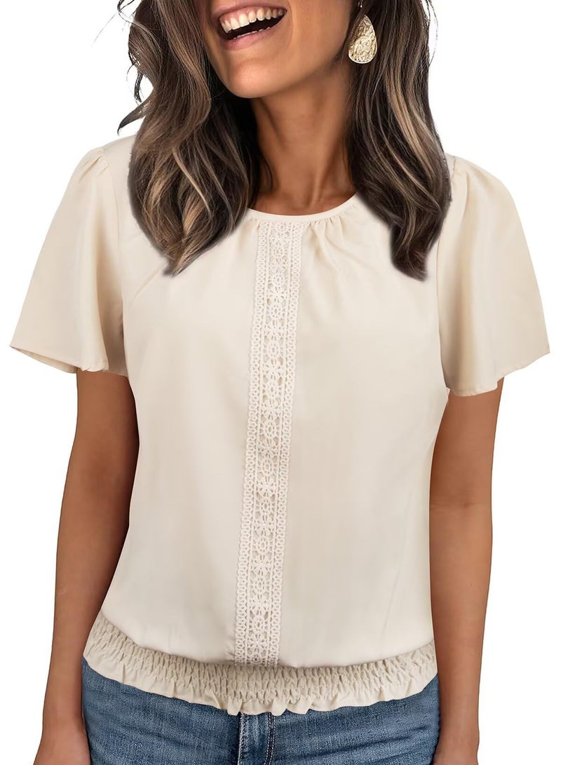 Falechay Blouses for Women Dressy Casual Ruffle Sleeve Tops for Women Cute Short Sleeve Shirts Blouses Summer Scoop Neck Pleated Front Casual Outfits Apricot XL 2026 - Image 1