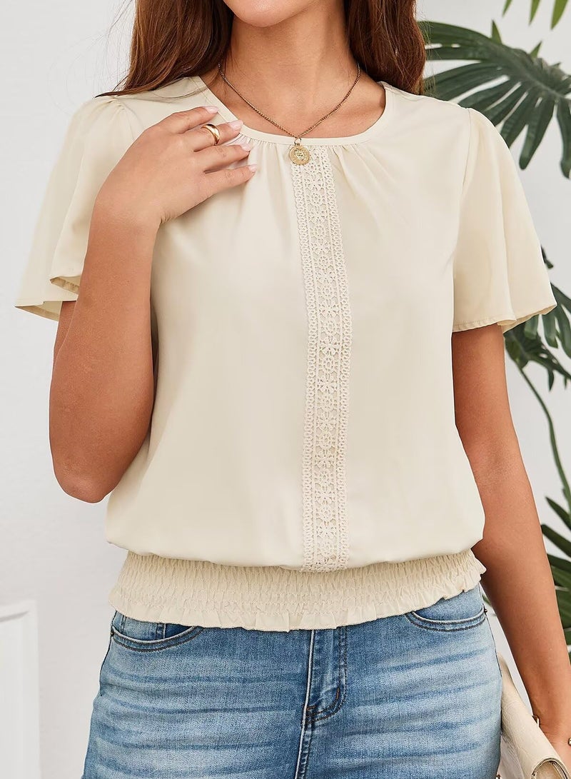 Falechay Blouses for Women Dressy Casual Ruffle Sleeve Tops for Women Cute Short Sleeve Shirts Blouses Summer Scoop Neck Pleated Front Casual Outfits Apricot XL 2026 - Image 2