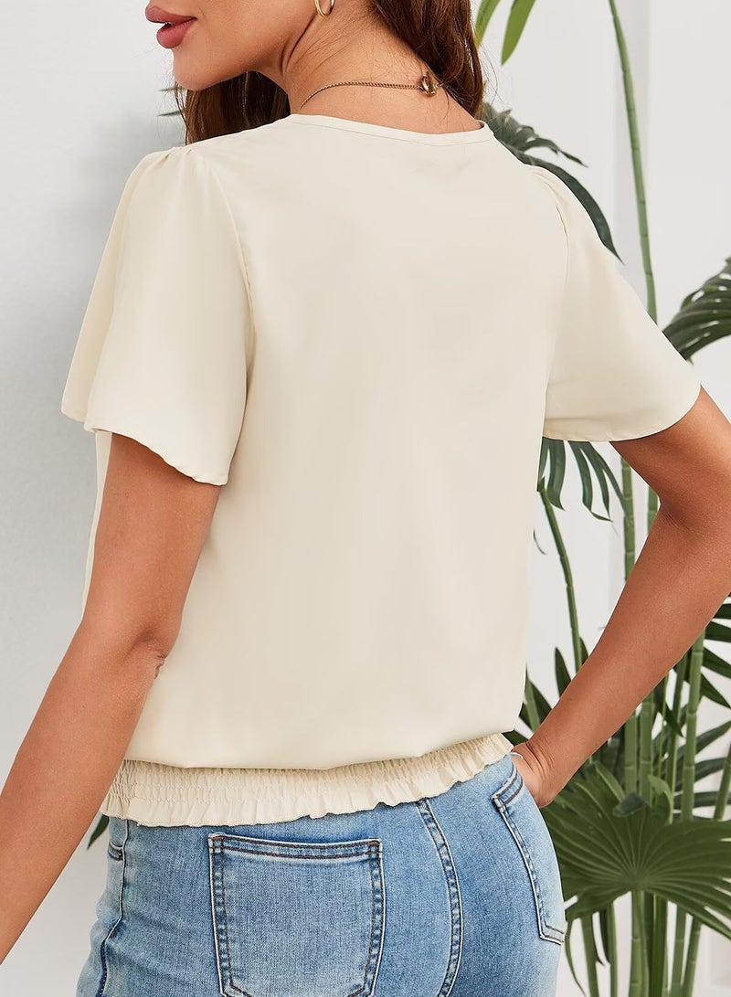 Falechay Blouses for Women Dressy Casual Ruffle Sleeve Tops for Women Cute Short Sleeve Shirts Blouses Summer Scoop Neck Pleated Front Casual Outfits Apricot XL 2026 - Image 4