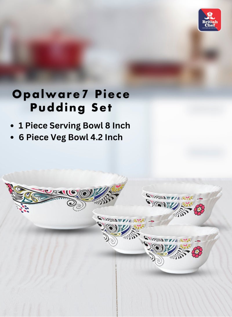 British Chef Blush 7 Piece Opalware Pudding Set | 1 Piece Serving & 6 Piece Veg Bowls |  Microwave & Dishwasher Safe | Chip & Scratch Resistant, White  - Image 4