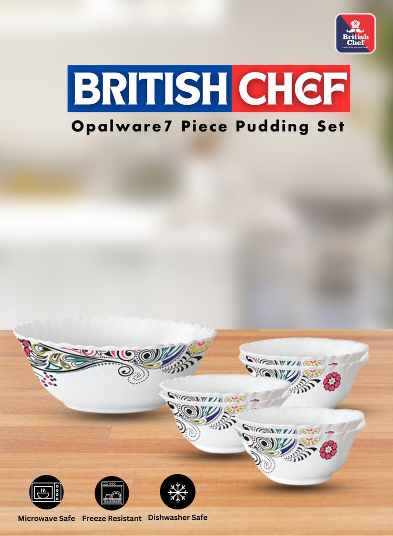 British Chef Blush 7 Piece Opalware Pudding Set | 1 Piece Serving & 6 Piece Veg Bowls |  Microwave & Dishwasher Safe | Chip & Scratch Resistant, White  - Image 2