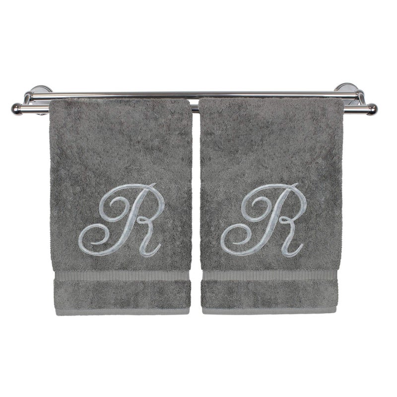 Monogrammed Hand Towel Personalized Gift 16 x 30 Inches  Set of 2  Silver Embroidered Towel  Extra Absorbent 100 Turkish Cotton Soft Terry Finish  for Bathroom Kitchen and Spa Script R Gray