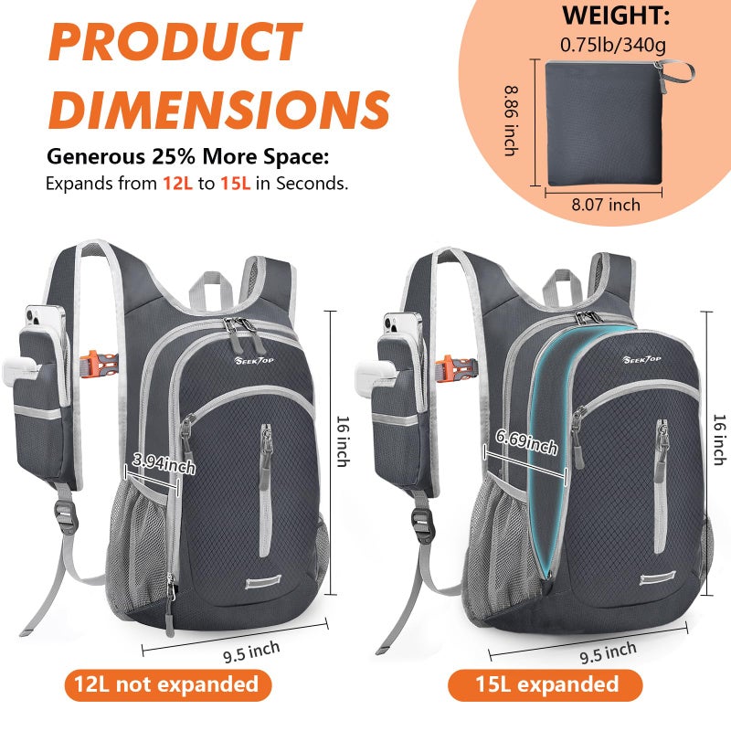 Seektop Expandable Small Hiking Backpack 12L-15L Lightweight Packable Waterproof Daypack with Phone Pocket for Women Men - Image 2
