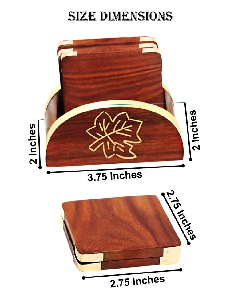 Woodiva Handmade Wooden Tea Coaster Set of 6, Round Handicraft with Brass Leaf Decor Design - Image 4