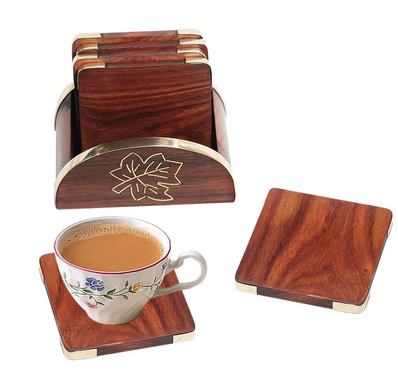 Woodiva Handmade Wooden Tea Coaster Set of 6, Round Handicraft with Brass Leaf Decor Design - Image 1