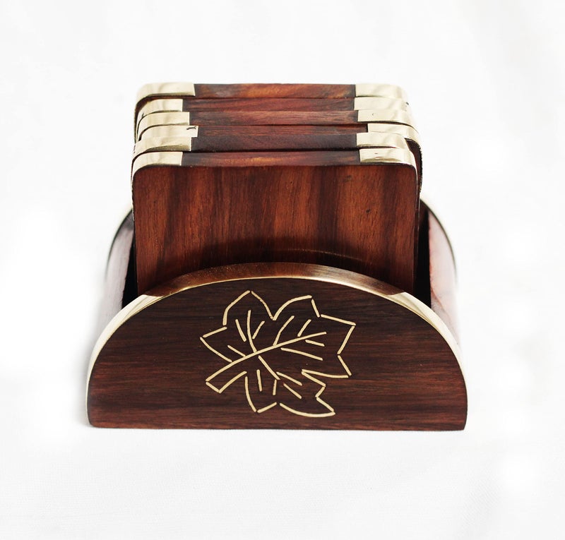 Woodiva Handmade Wooden Tea Coaster Set of 6, Round Handicraft with Brass Leaf Decor Design - Image 3