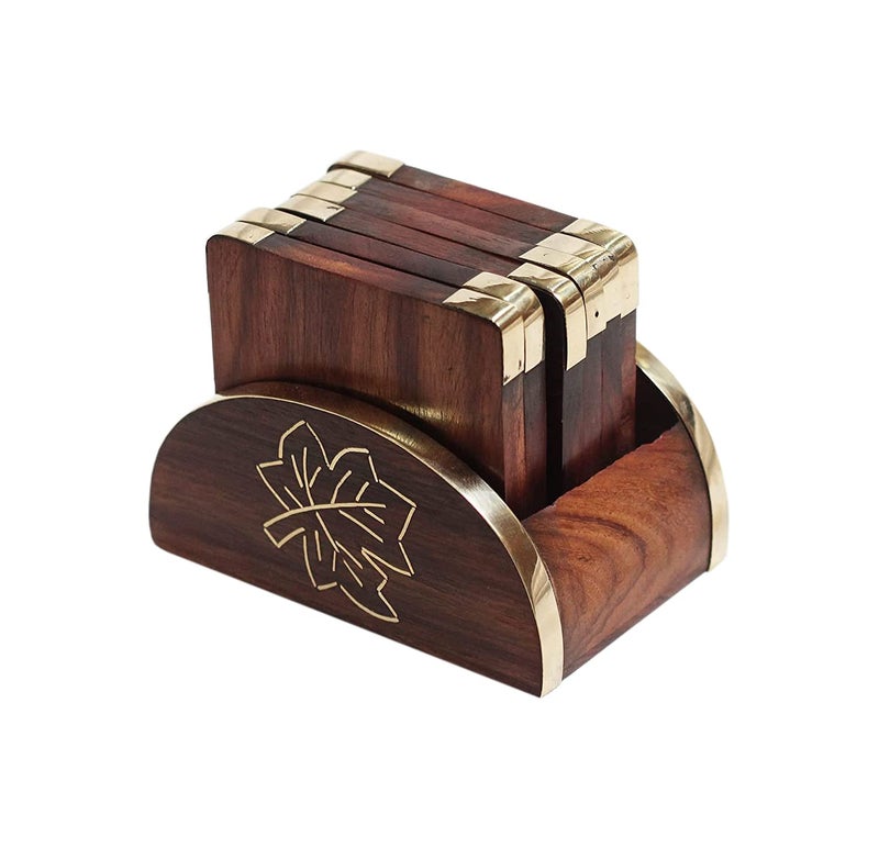 Woodiva Handmade Wooden Tea Coaster Set of 6, Round Handicraft with Brass Leaf Decor Design - Image 5