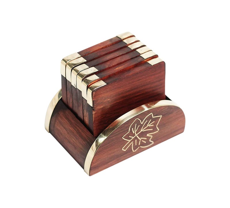 Woodiva Handmade Wooden Tea Coaster Set of 6, Round Handicraft with Brass Leaf Decor Design - Image 2