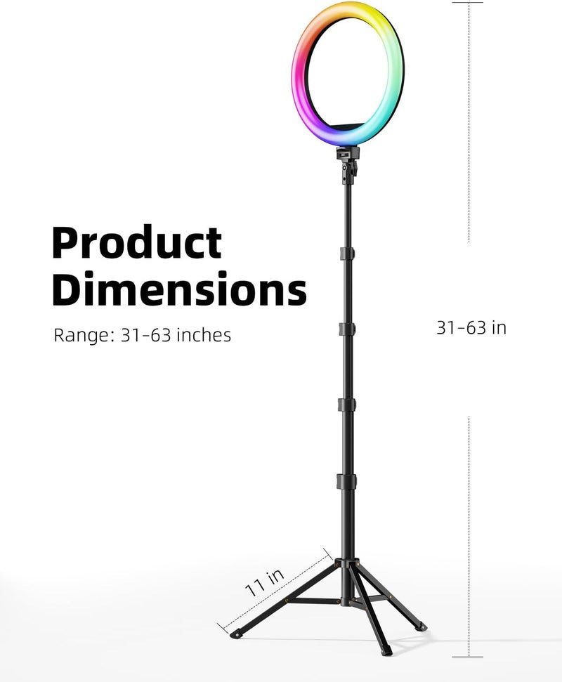 ضوء حلقي بألوان RGB بقطر 12 بوصة مع قاعدة عمود ثلاثي الأرجل قابلة لل��مديد بطول 63 بوصة، يدعم 3 أوضاع للإضاءة (CCT) و39 لونًا، يُستخدم للمكياج والبث المباشر والتصوير الفوتوغرافي، نموذج 2 في 1 مع جهاز تحكم عن بعد للصور السيلفي. - Image 5