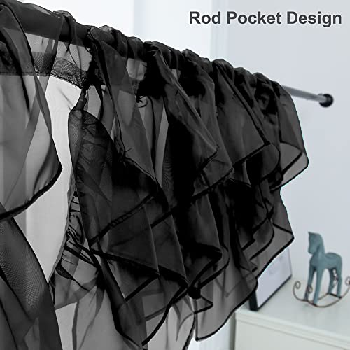 PearAge Ruffled Voile Semi Sheer Curtain Valance, Kitchen Living Room Shabby Chic Ruffle Valance Curtains, Girls Daughters Bedroom Cascade Window Valance Black 50x16 Inches - Image 2