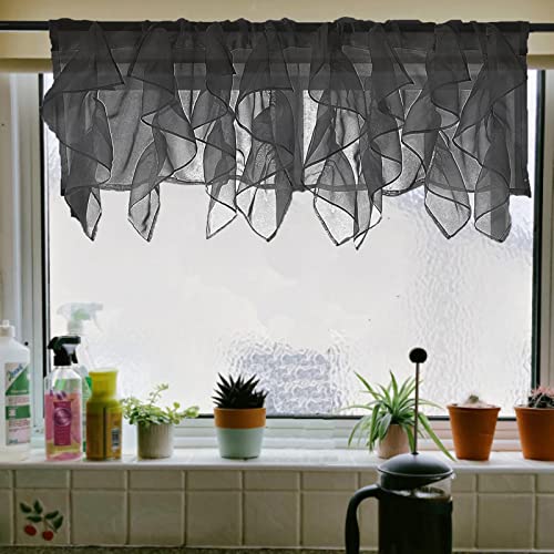 PearAge Ruffled Voile Semi Sheer Curtain Valance, Kitchen Living Room Shabby Chic Ruffle Valance Curtains, Girls Daughters Bedroom Cascade Window Valance Black 50x16 Inches - Image 4