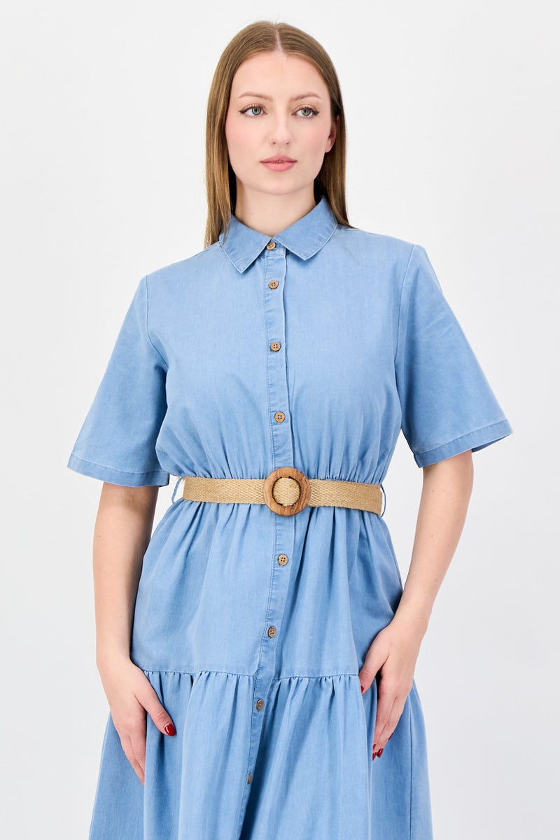 bebe Women Plain Belted Maxi Dress, Light Blue - Image 2