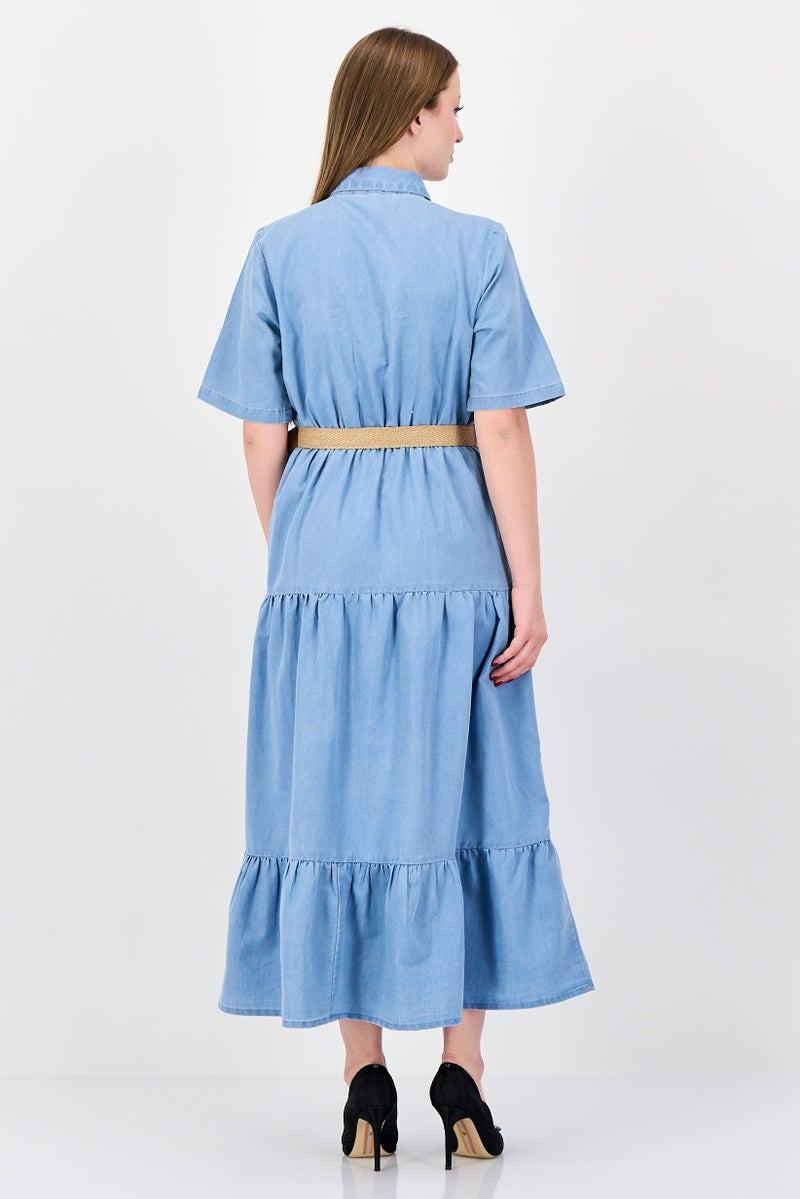 bebe Women Plain Belted Maxi Dress, Light Blue - Image 4