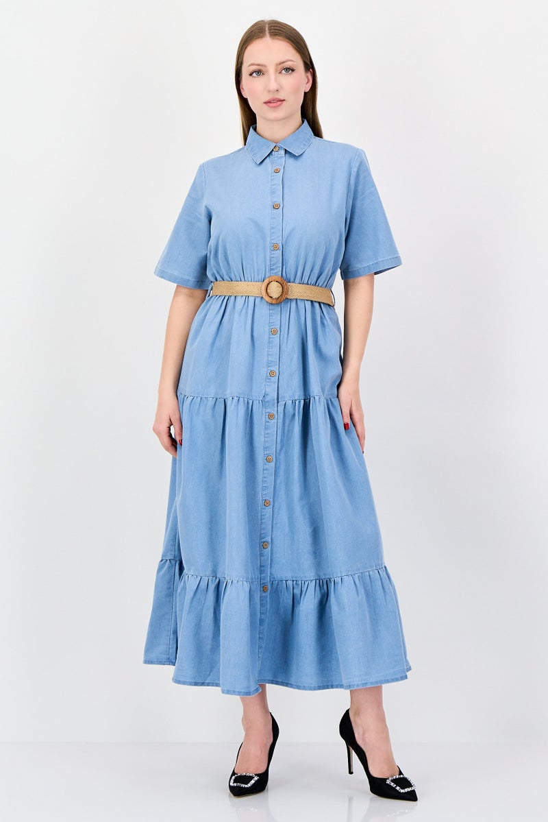 bebe Women Plain Belted Maxi Dress, Light Blue - Image 1