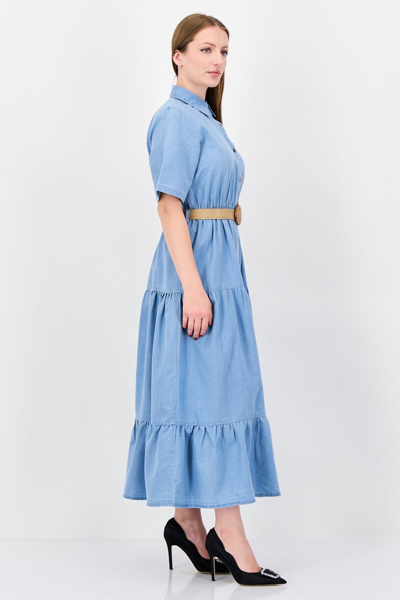 bebe Women Plain Belted Maxi Dress, Light Blue - Image 3