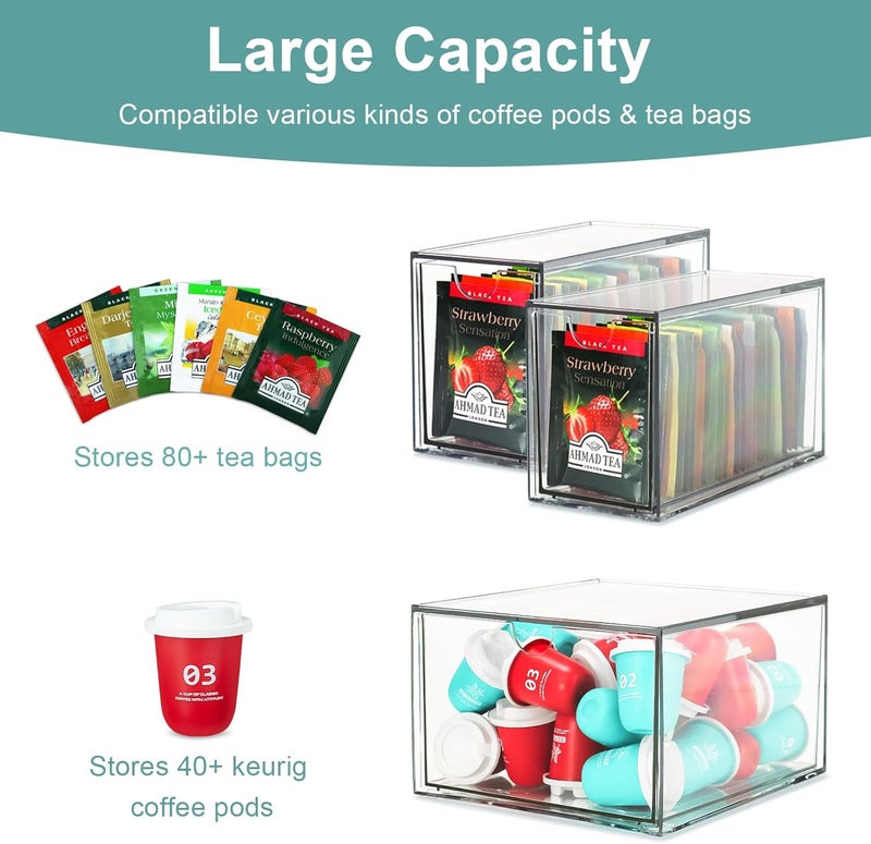 LANLISA 3 Tea and Coffee Organizer and Storage, Acrylic Tea Bag Holder Organizer, Plastic K Cup Drawer Container for Cabinet - Image 4