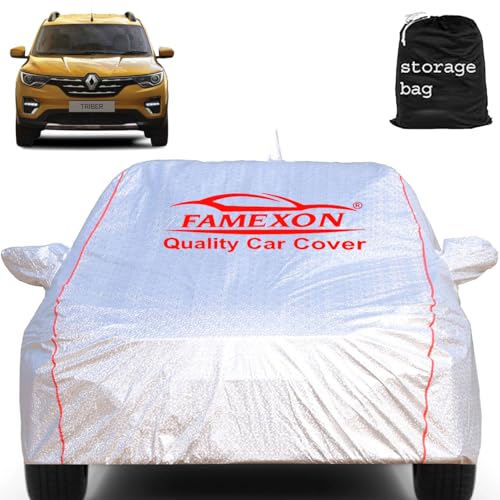 FAMEXON Waterproof Car Body Cover with Mirror Pocket Compatible for Renault Triber Triple Layer Inner Fabric & Pipein Design Protects from Animals, Heat, Rainfall (Metallic Silver) - Image 1