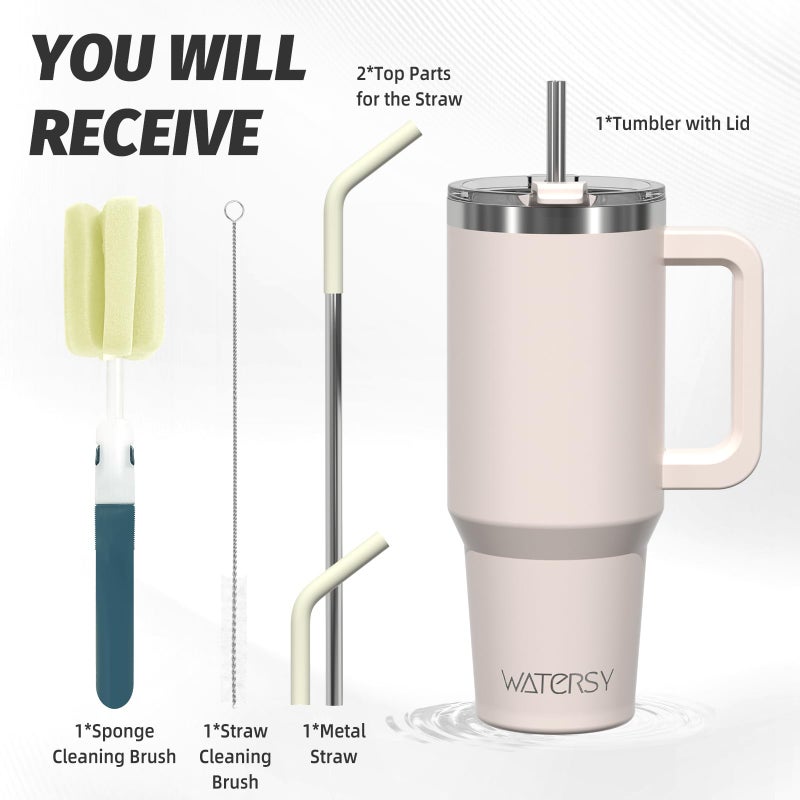 WATERSY 40 oz Tumbler with Handle,Tumbler with Lid and Straw,Double Wall Insulated Cup Stainless Steel Travel Mug(Cold for 34 Hours),Water Bottle for Iced Tea,Coffee,Cold Beverages(Ivory Beige) - Image 3