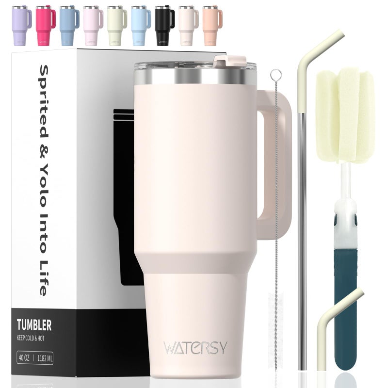 WATERSY 40 oz Tumbler with Handle,Tumbler with Lid and Straw,Double Wall Insulated Cup Stainless Steel Travel Mug(Cold for 34 Hours),Water Bottle for Iced Tea,Coffee,Cold Beverages(Ivory Beige) - Image 1