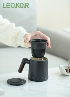 LEOKOR Ceramic Tea Cup with Infuser and Lid for Steeping Loose Leaf Tea, Infusion Tea Mug with Extended Wooden Handle 400ml Black  - Image 1