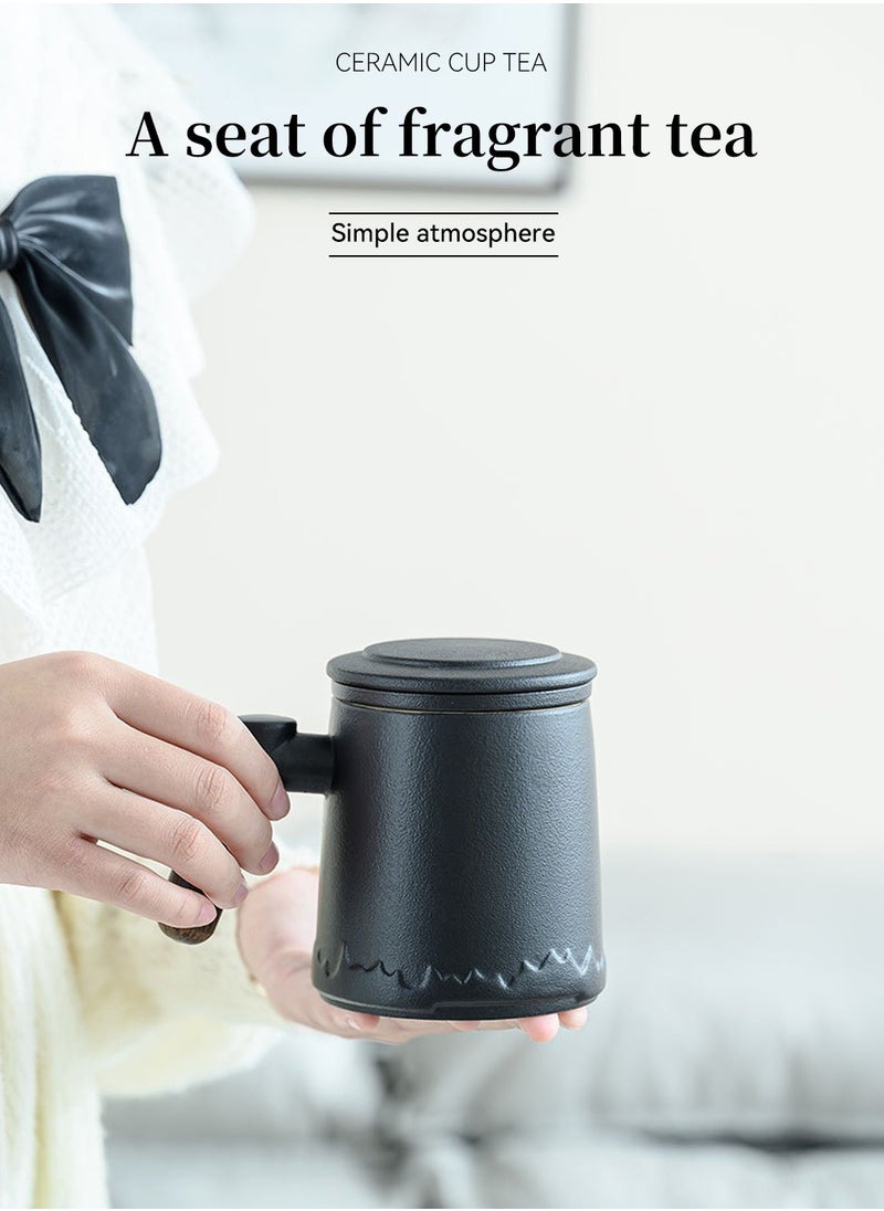 LEOKOR Ceramic Tea Cup with Infuser and Lid for Steeping Loose Leaf Tea, Infusion Tea Mug with Extended Wooden Handle 400ml Black  - Image 2