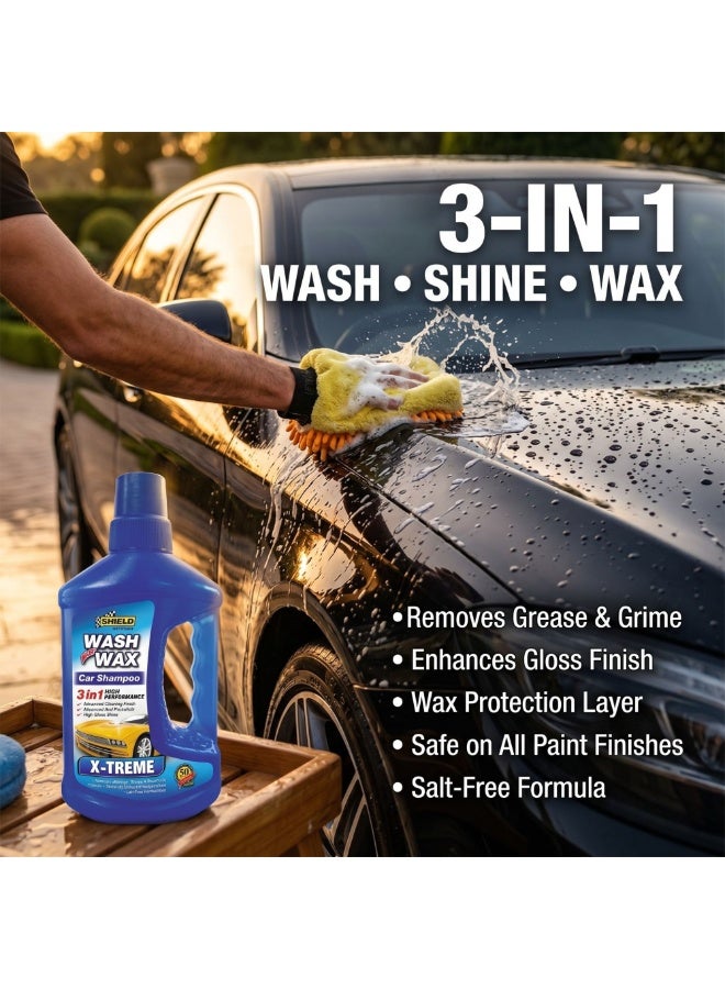 Shield Wash and Shine Kit 6 Piece Premium Car Care Kit Shampoo Wax Tyre Shine Dashboard Polish Microfibre Cloth Sponge Complete Auto Detailing Gift Set Value Pack for Cars SUVs Bikes KSA Auto - Image 2
