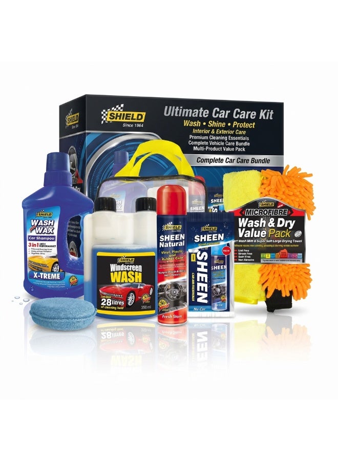 Shield Wash and Shine Kit 6 Piece Premium Car Care Kit Shampoo Wax Tyre Shine Dashboard Polish Microfibre Cloth Sponge Complete Auto Detailing Gift Set Value Pack for Cars SUVs Bikes KSA Auto - Image 1