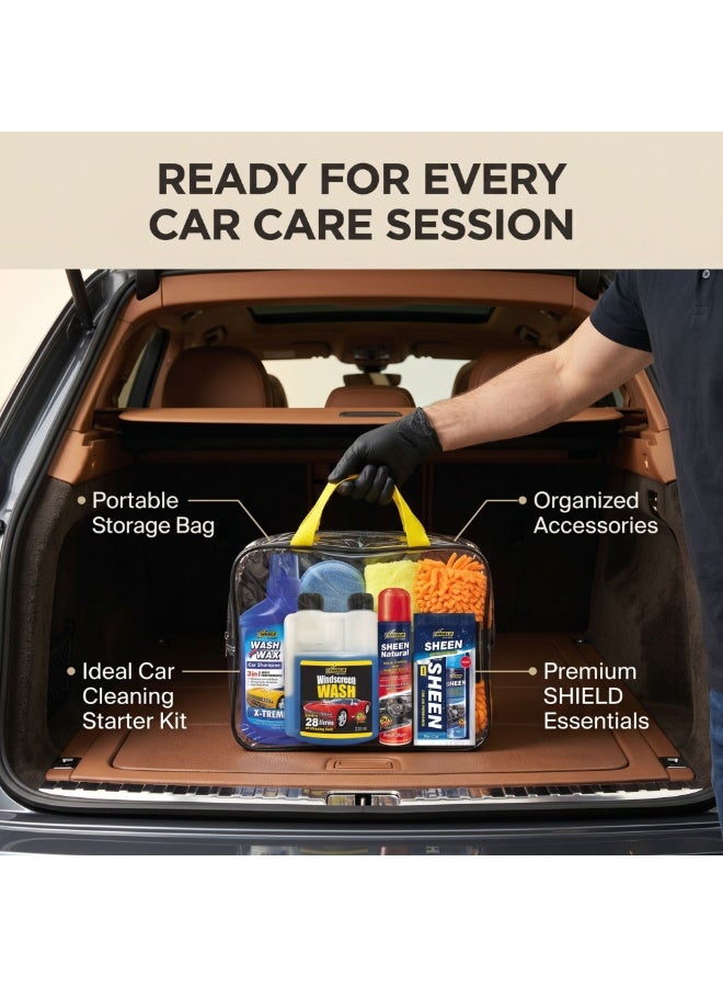 Shield Wash and Shine Kit 6 Piece Premium Car Care Kit Shampoo Wax Tyre Shine Dashboard Polish Microfibre Cloth Sponge Complete Auto Detailing Gift Set Value Pack for Cars SUVs Bikes KSA Auto - Image 3