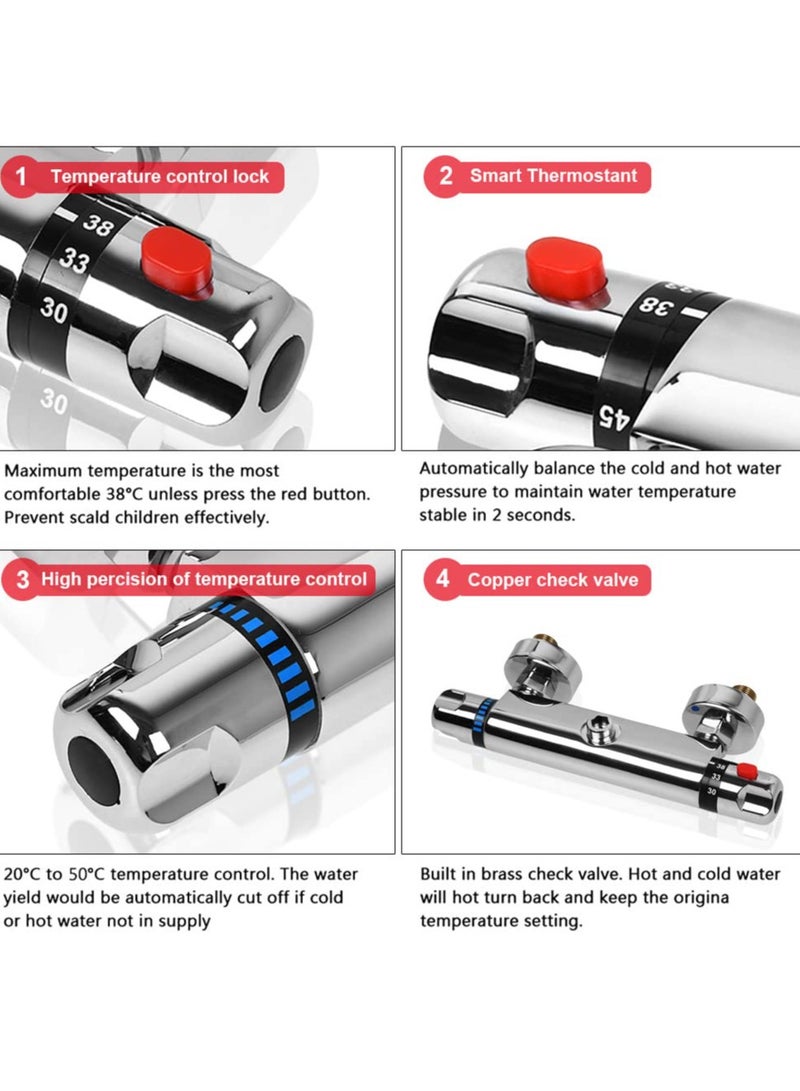 Zikra Chrome Thermostatic Shower Mixer, Solid Brass Bathroom Thermostat Bar Valve Anti Scald Tap, Top Outlet Design, Constant Temperature Control, Hot & Cold Water Mixer(Top 1/2") - Image 5