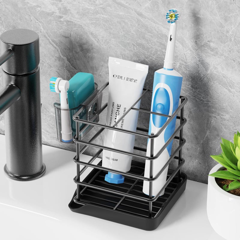 Chintu Toothbrush Holders for Bathrooms, Stainless Steel Toothbrush and Toothpaste Holder, Kids Electric 3 Slots Tooth Brushing Holder Stand for Bathroom Accessories Organizer with Tray, Black - Image 2