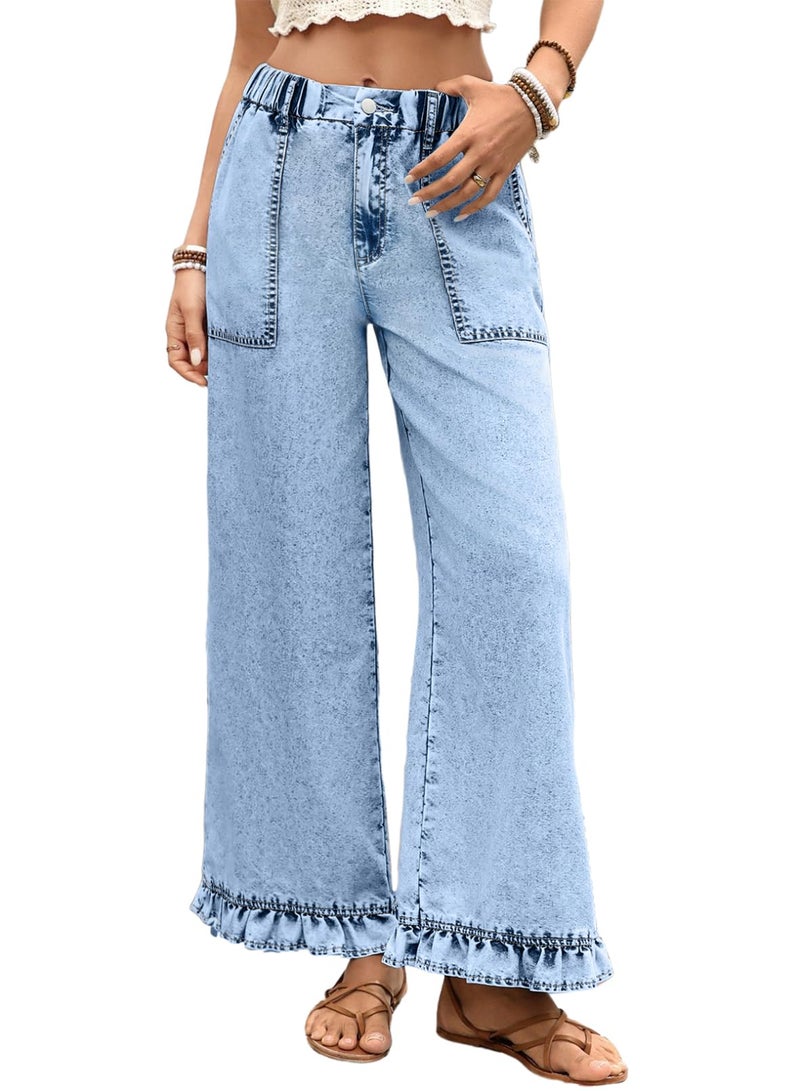 Astylish Wide Jeans for Women Trendy High Waisted Bell Bottom Leg Jeans Baggy Stretchy Ruffle Hem Cropped Boho Denim Pants Iceland Blue Size 18 - Image 1