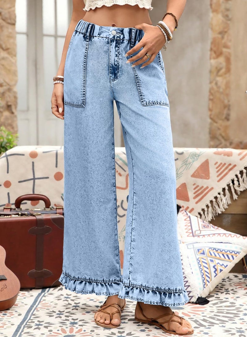 Astylish Wide Jeans for Women Trendy High Waisted Bell Bottom Leg Jeans Baggy Stretchy Ruffle Hem Cropped Boho Denim Pants Iceland Blue Size 18 - Image 4