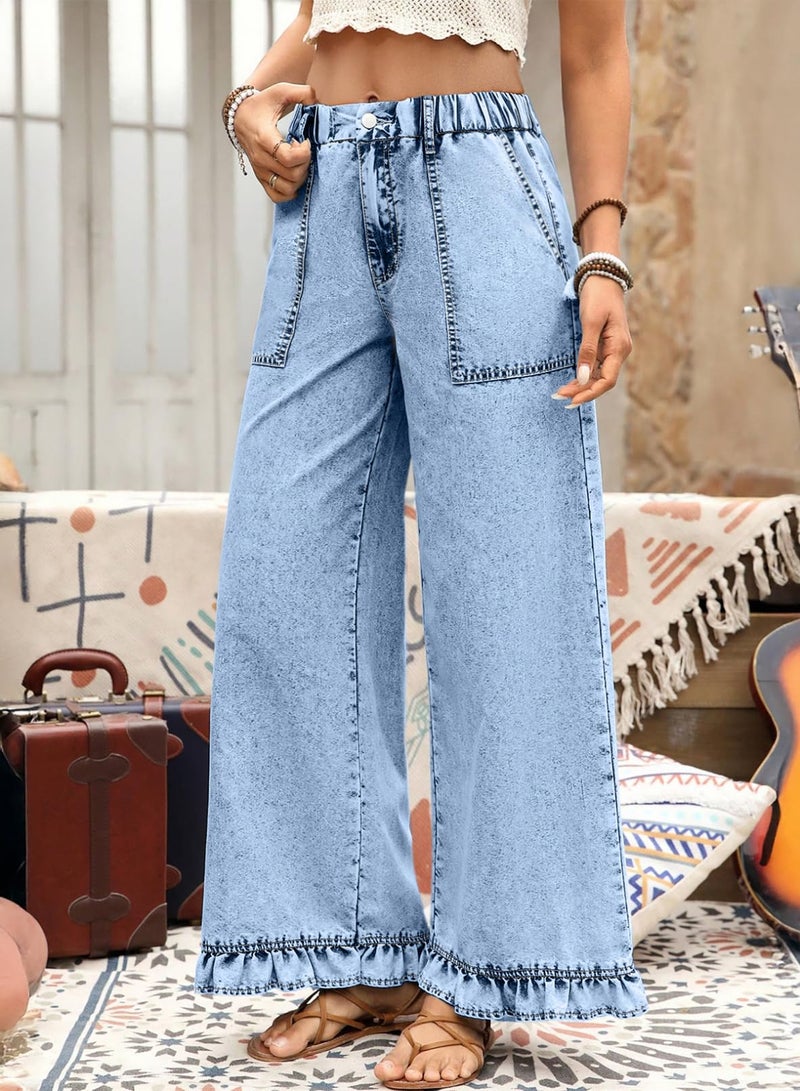 Astylish Wide Jeans for Women Trendy High Waisted Bell Bottom Leg Jeans Baggy Stretchy Ruffle Hem Cropped Boho Denim Pants Iceland Blue Size 18 - Image 3