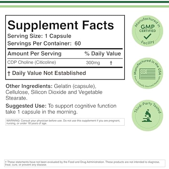 Double Wood Supplements CDP Choline (Citicoline) Supplement, Pharmaceutical Grade, Third Party Tested (60 Capsules 300mg) - Image 2
