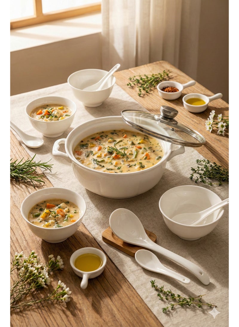 طقم شوربة سيراميك – 15 قطعة – سلطانيات وملاعق وقدر بغطاء - Image 4