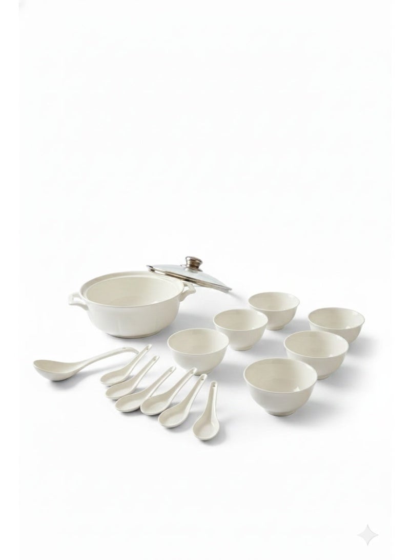 طقم شوربة سيراميك – 15 قطعة – سلطانيات وملاعق وقدر بغطاء - Image 1