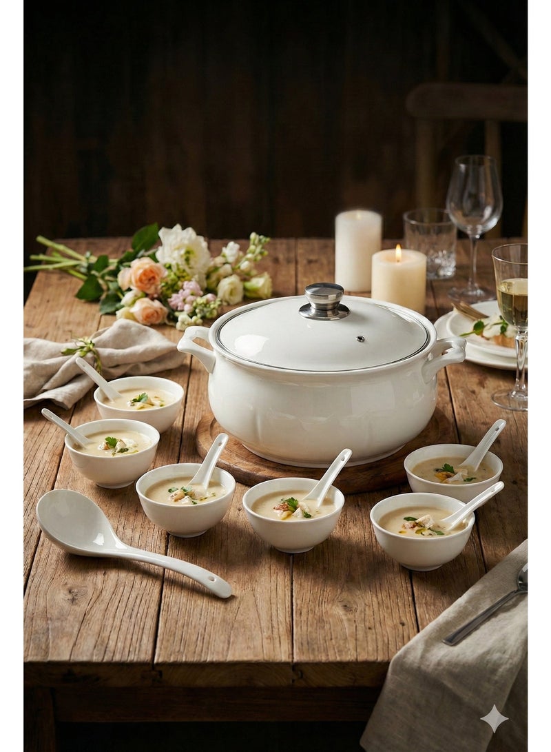 طقم شوربة سيراميك – 15 قطعة – سلطانيات وملاعق وقدر بغطاء - Image 3