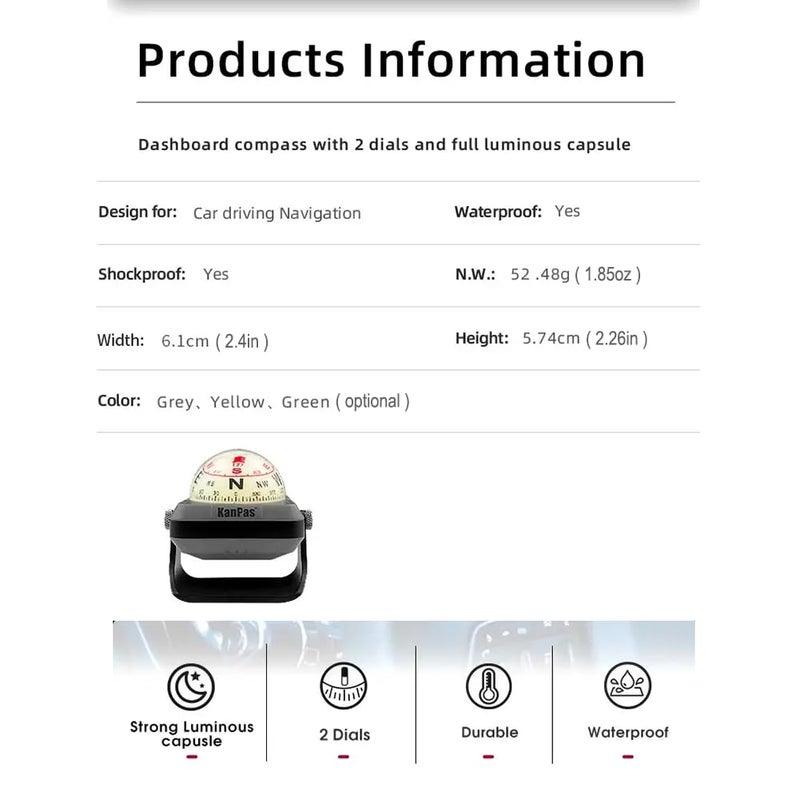 KanPas V-39-L Dashboard Ball Compass for Car with Double Dials Luminous Capsule Adjustable Holder (Grey) - Image 5