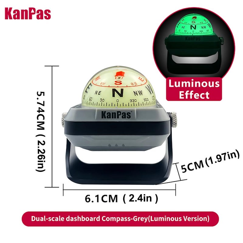KanPas V-39-L Dashboard Ball Compass for Car with Double Dials Luminous Capsule Adjustable Holder (Grey) - Image 4