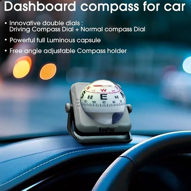 KanPas V-39-L Dashboard Ball Compass for Car with Double Dials Luminous Capsule Adjustable Holder (Grey) - Image 3