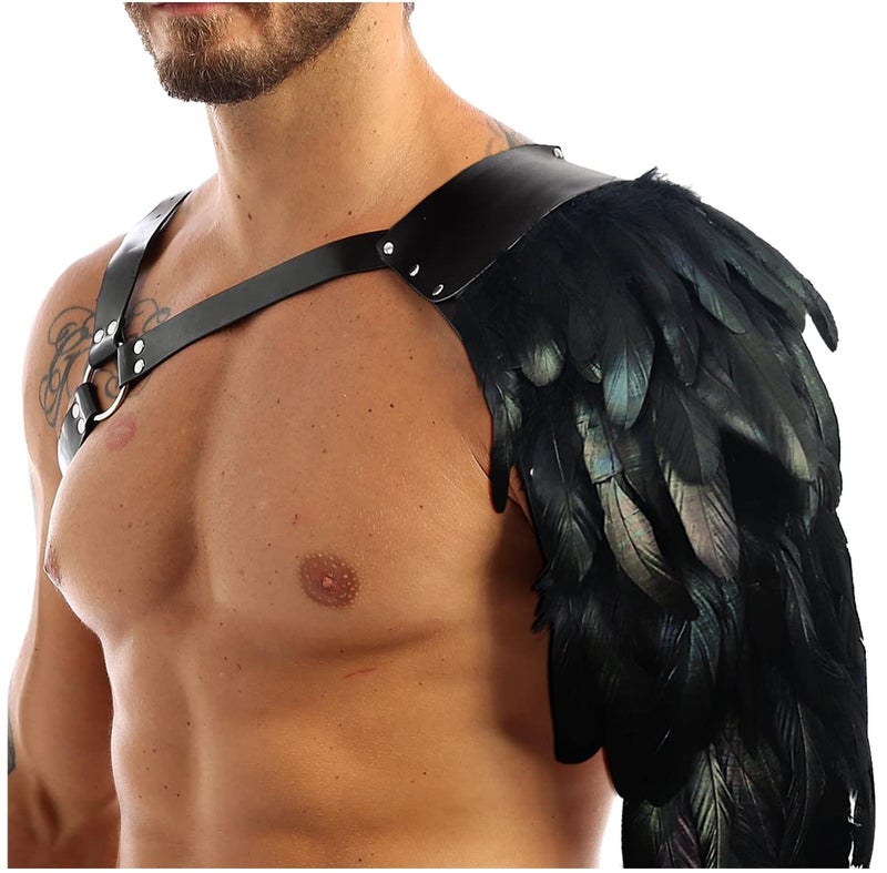 L'VOW Gothic Feather Shoulder Armor for Men Medieval Leather Harness Guards Halloween Cosplay Costume(Black-1) - Image 2