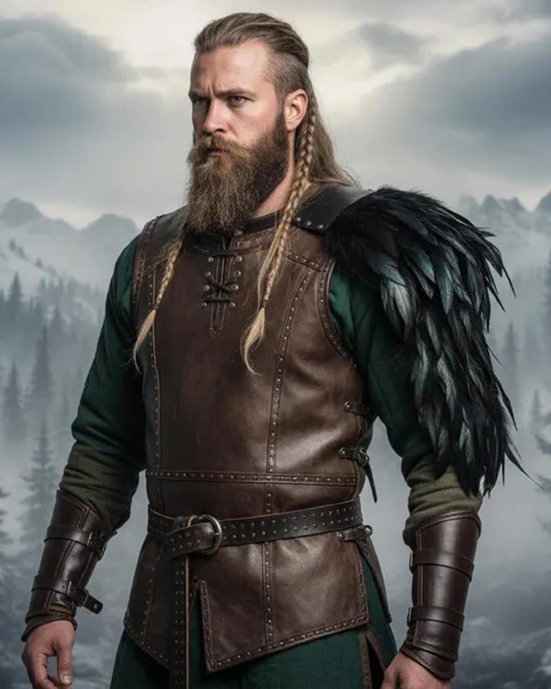 L'VOW Gothic Feather Shoulder Armor for Men Medieval Leather Harness Guards Halloween Cosplay Costume(Black-1) - Image 3