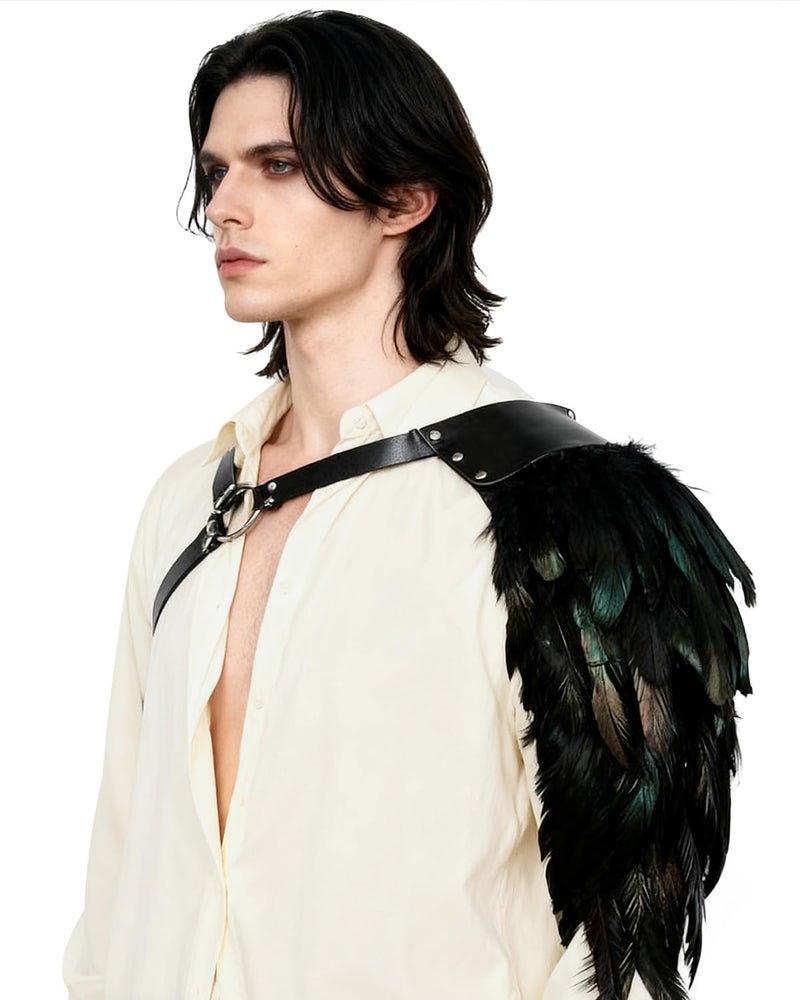 L'VOW Gothic Feather Shoulder Armor for Men Medieval Leather Harness Guards Halloween Cosplay Costume(Black-1) - Image 4