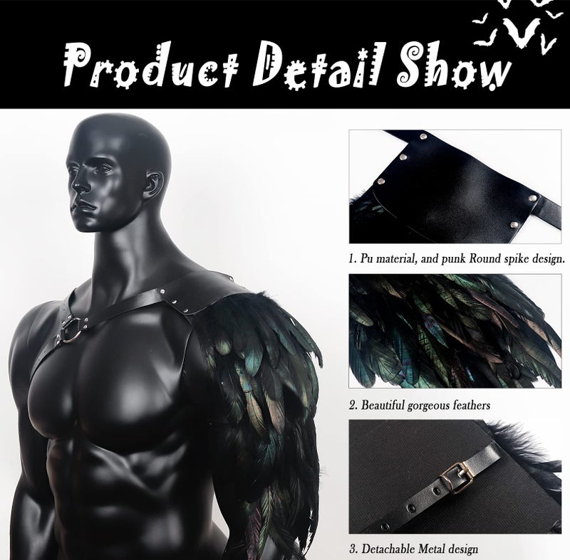 L'VOW Gothic Feather Shoulder Armor for Men Medieval Leather Harness Guards Halloween Cosplay Costume(Black-1) - Image 5