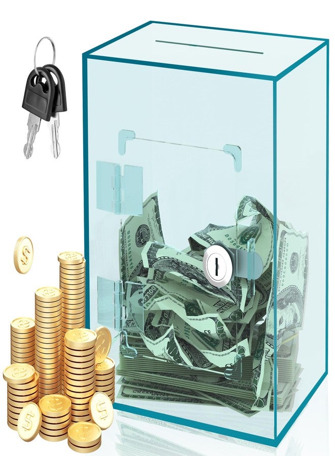 PACOLO Large Acrylic Clear Piggy Bank, Money Saving Box for Cash Saving with Key, Openable Clear Acrylic Savings Jar for Adults Kid (Blue-Green) - Image 1