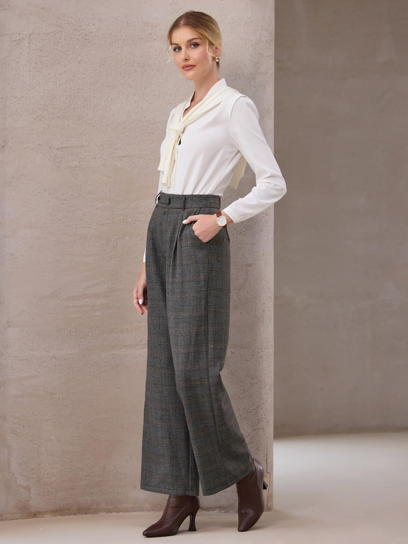 Hobemty Women's Plaid Work Pant Vintage Houndstooth Wide Leg Straight Long Trousers XX-Large Dark Grey - Image 3