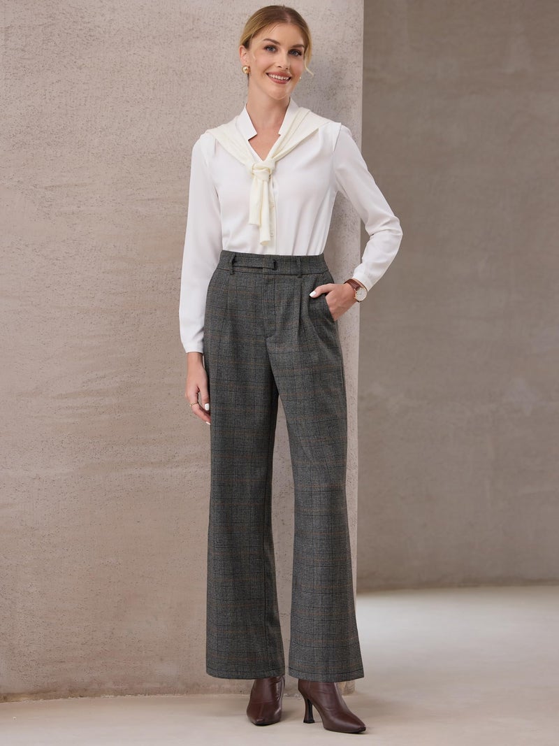 Hobemty Women's Plaid Work Pant Vintage Houndstooth Wide Leg Straight Long Trousers XX-Large Dark Grey - Image 2