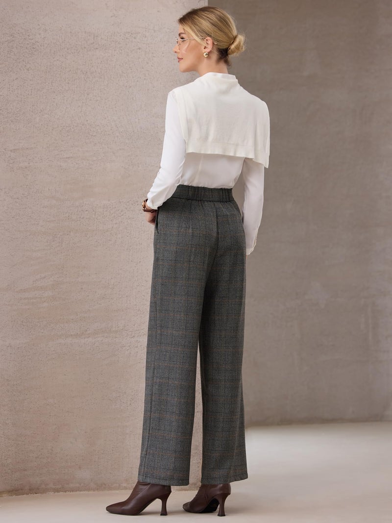 Hobemty Women's Plaid Work Pant Vintage Houndstooth Wide Leg Straight Long Trousers XX-Large Dark Grey - Image 5